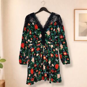 By Anthropologie V Neck Lace Floral Mini Dress 12 Romantic Goth Dark Cottagecore